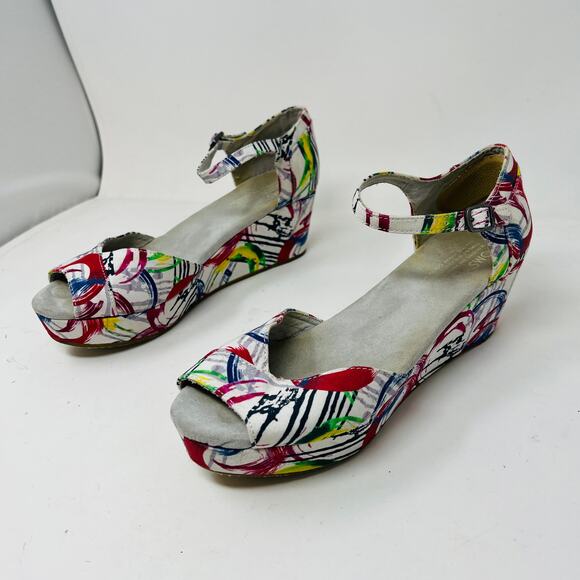 Toms Wedge Heel Peep Toe Pumps Abstract Fabric Print - 9 - Picture 4 of 7